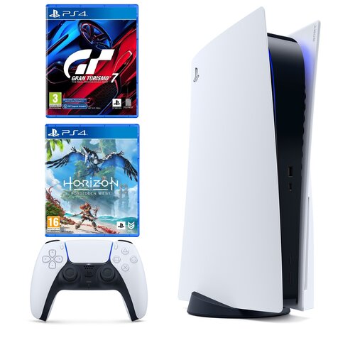 Konsola SONY PlayStation 5 z napędem Blu-ray 4K UHD + Gra PS4 Gran Turismo 7 + Gra PS4 Horizon Forbidden West